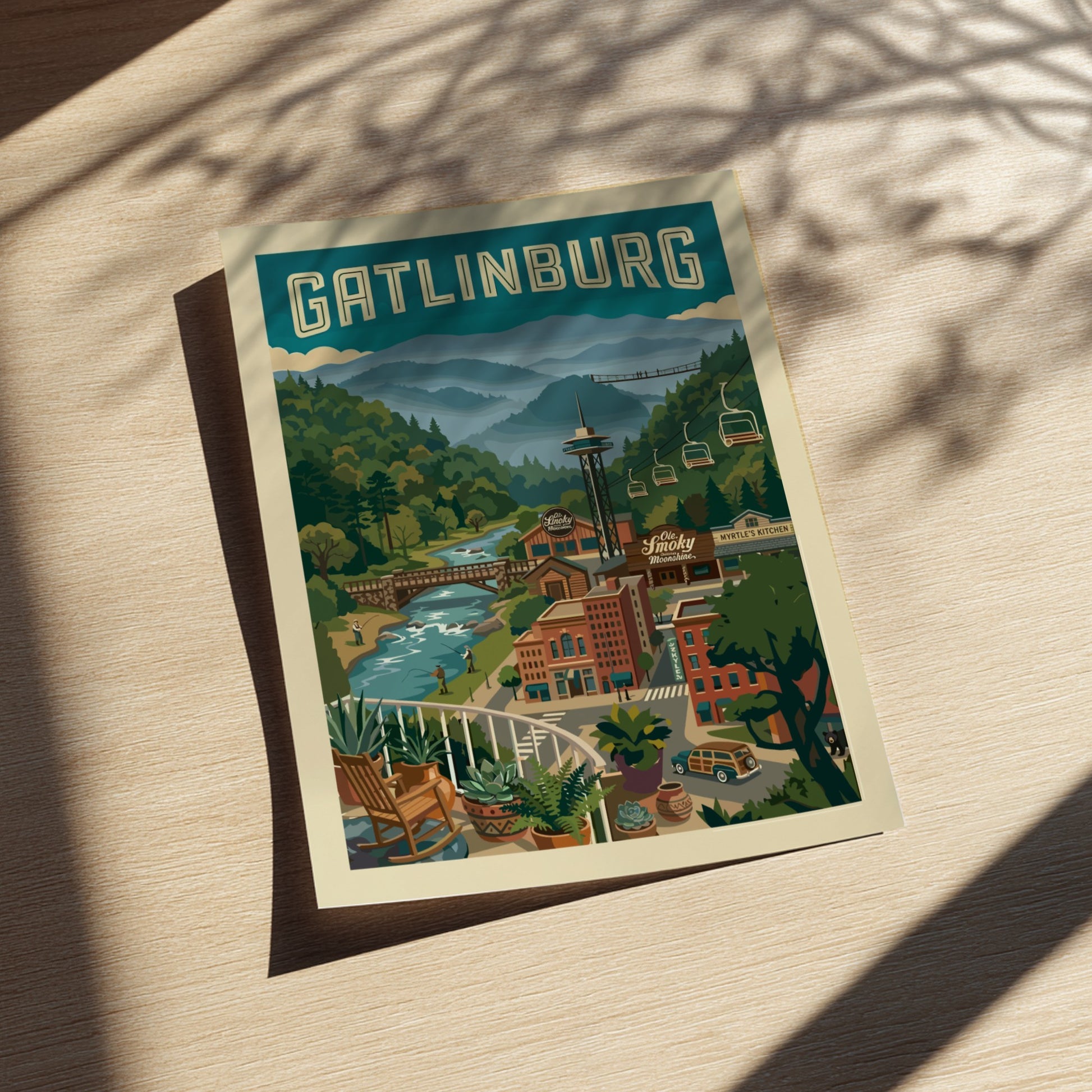 Gatlinburg travel poster featuring mountains, cable cars, and a river in a retro style.
