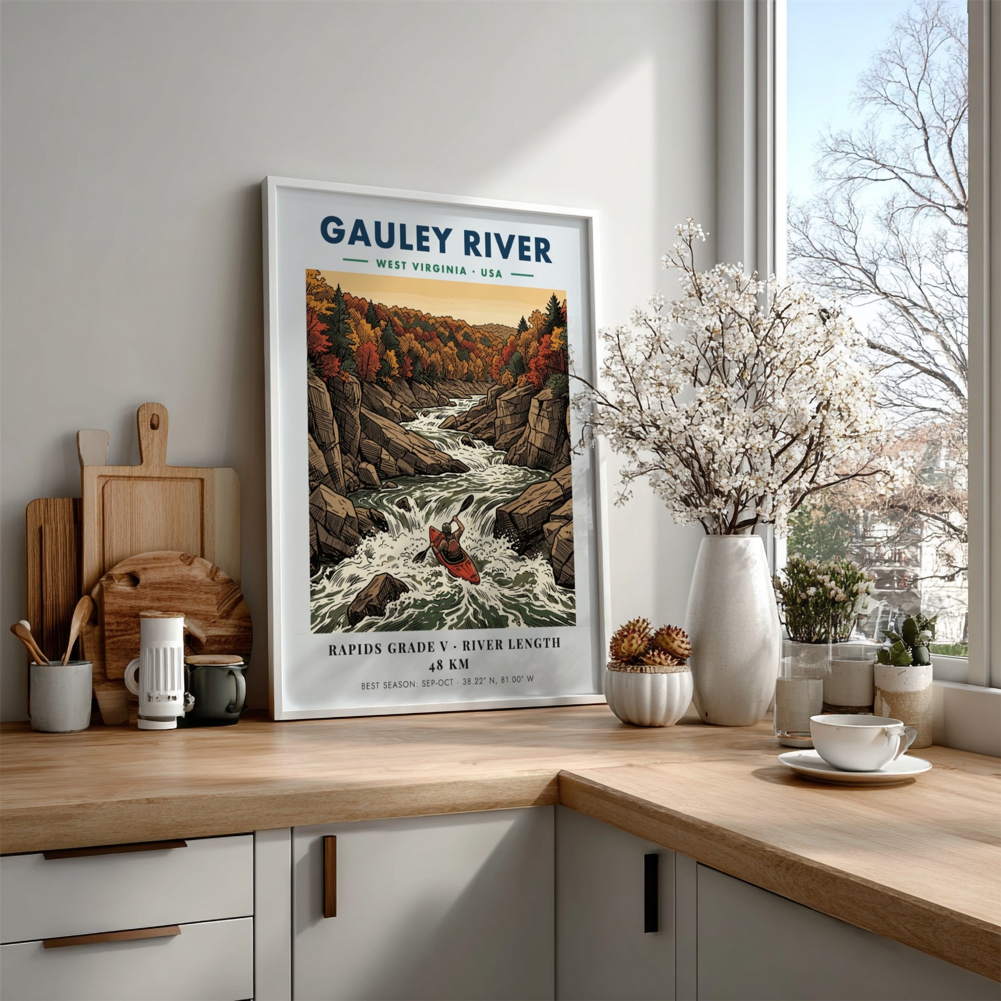 Poster of a kayaker navigating the Gauley River rapids surrounded by autumn forest cliffs.