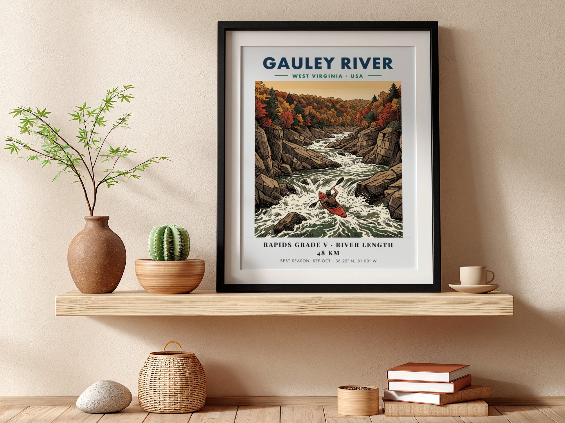 Poster of a kayaker navigating the Gauley River rapids surrounded by autumn forest cliffs.