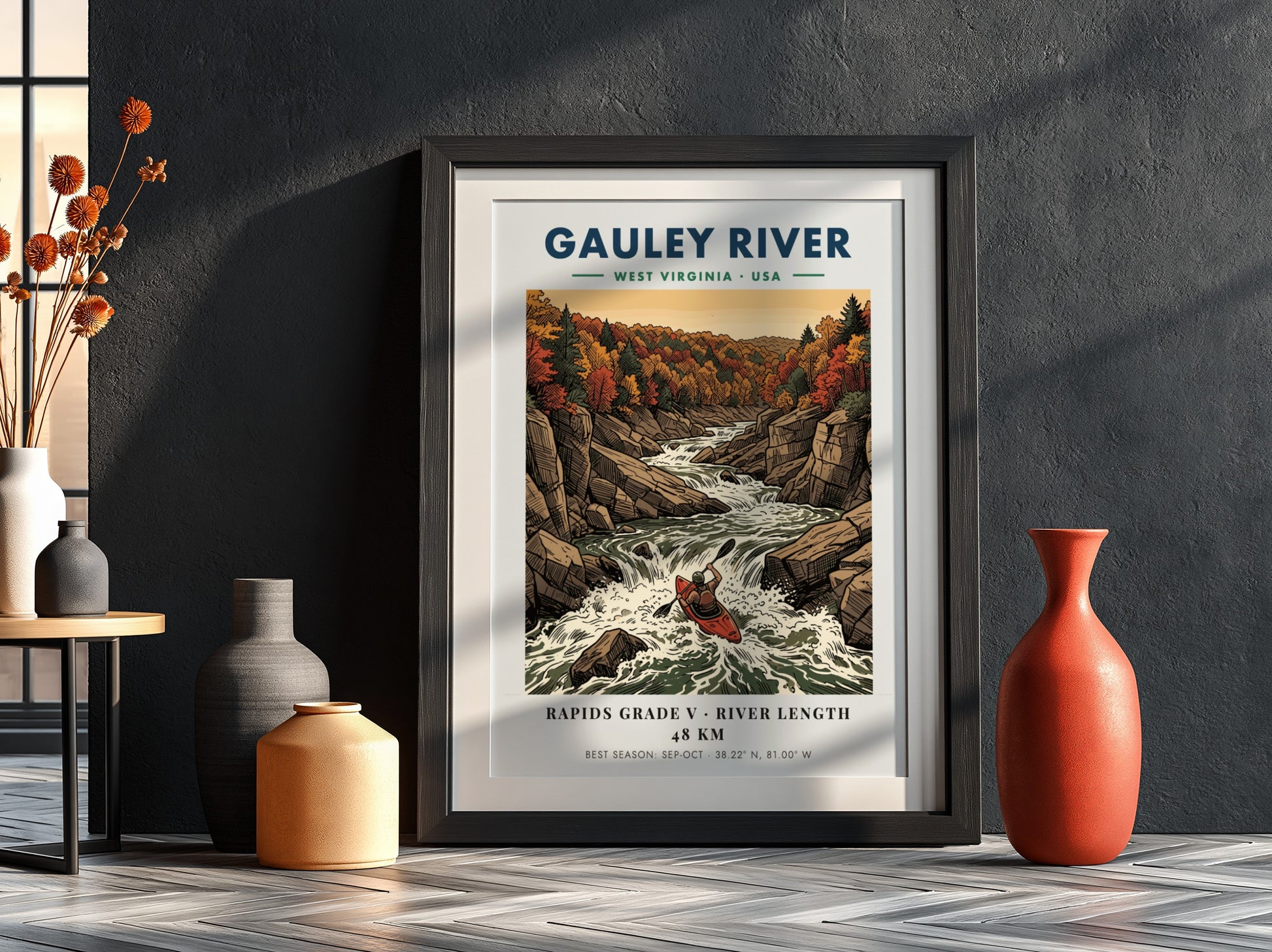 Poster of a kayaker navigating the Gauley River rapids surrounded by autumn forest cliffs.