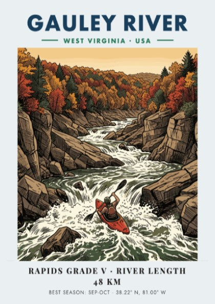 Poster of a kayaker navigating the Gauley River rapids surrounded by autumn forest cliffs.