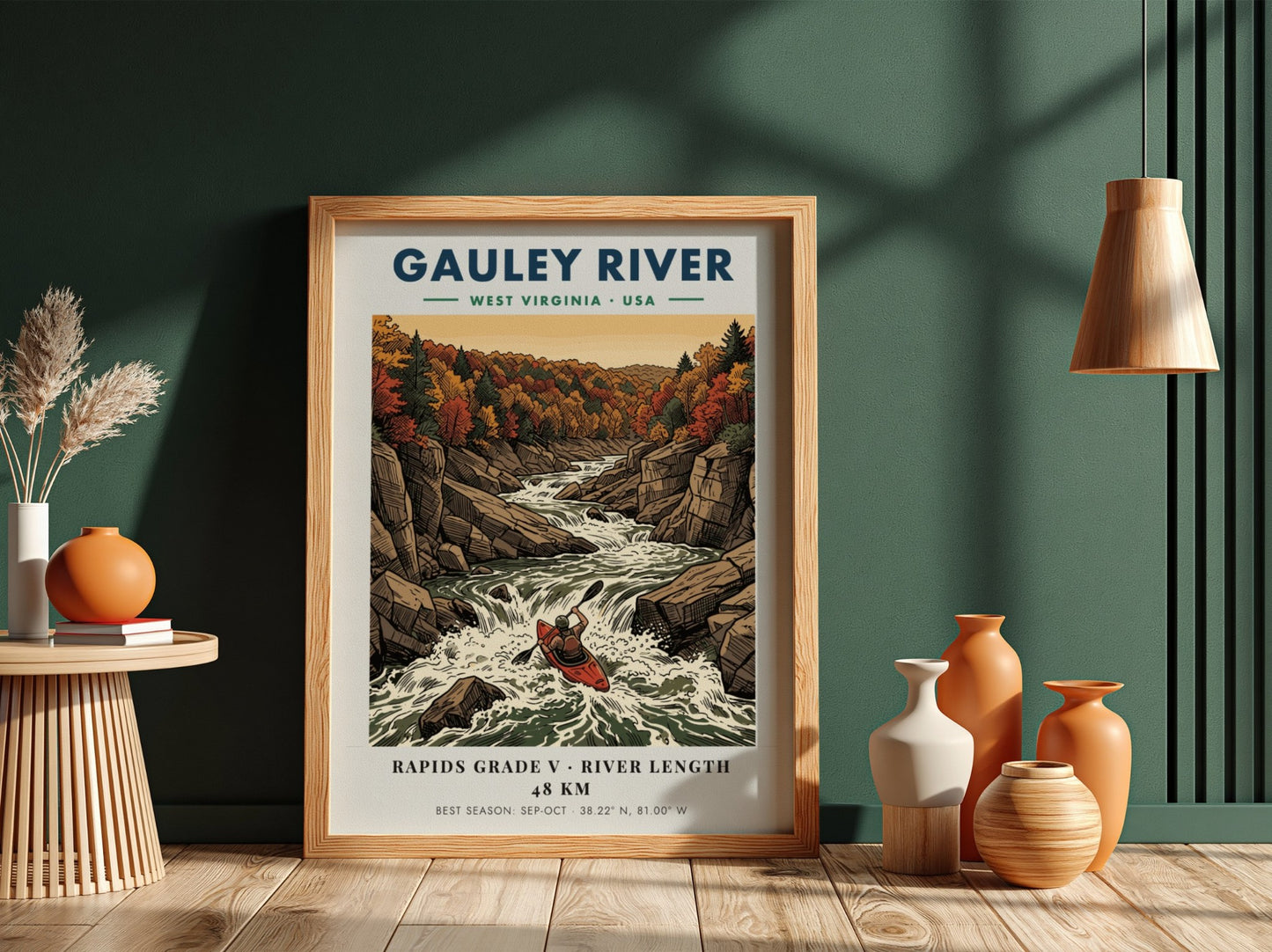 Poster of a kayaker navigating the Gauley River rapids surrounded by autumn forest cliffs.
