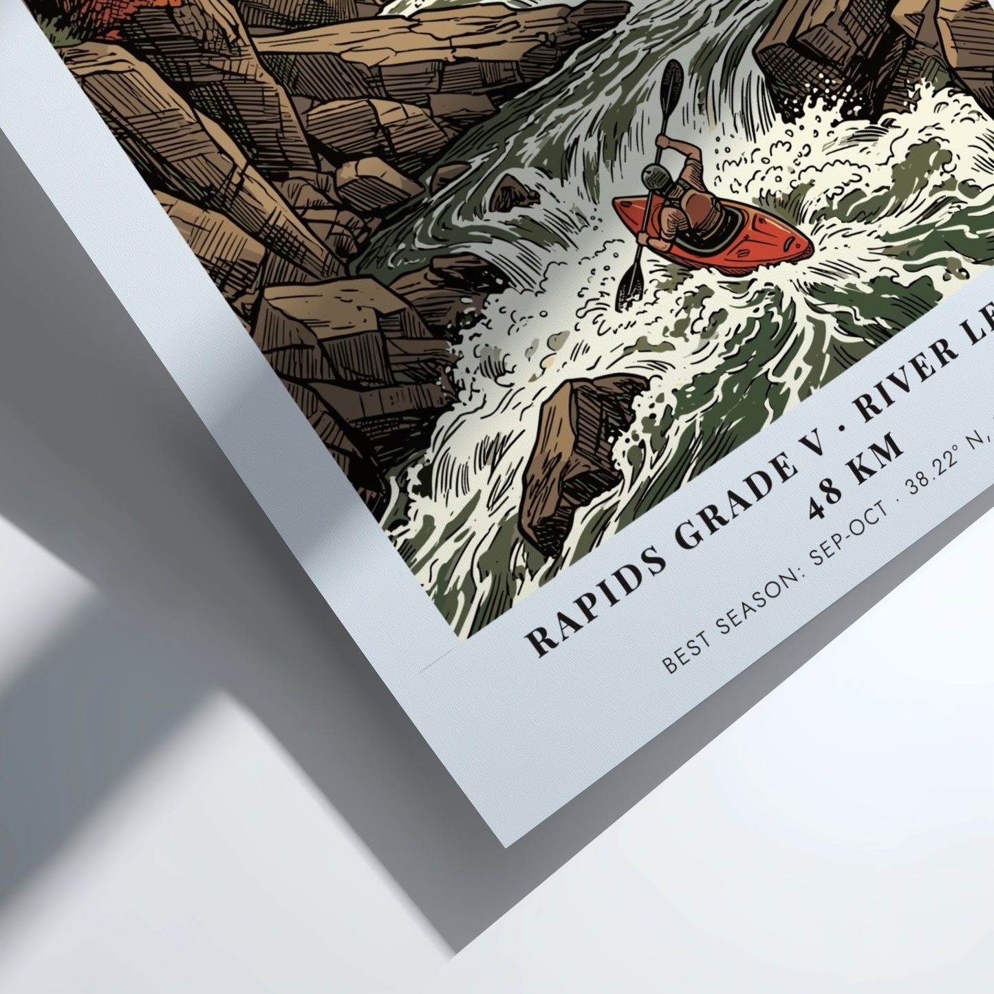 Poster of a kayaker navigating the Gauley River rapids surrounded by autumn forest cliffs.