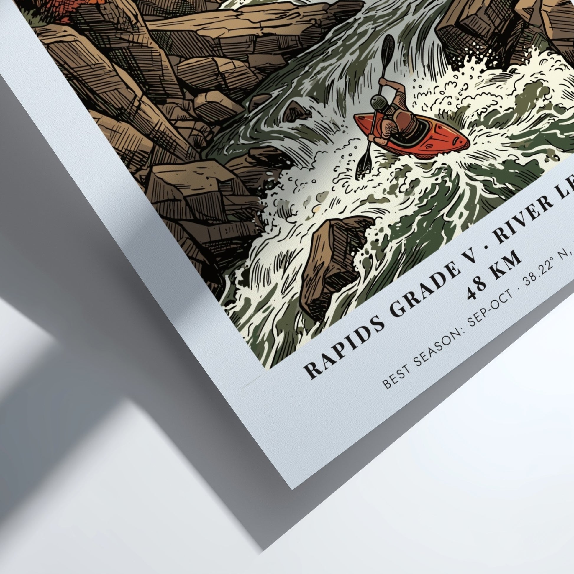 Poster of a kayaker navigating the Gauley River rapids surrounded by autumn forest cliffs.