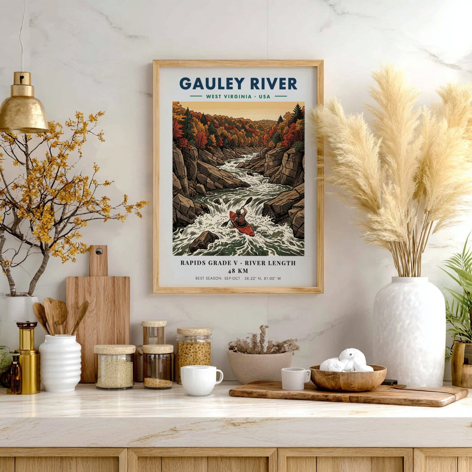 Poster of a kayaker navigating the Gauley River rapids surrounded by autumn forest cliffs.