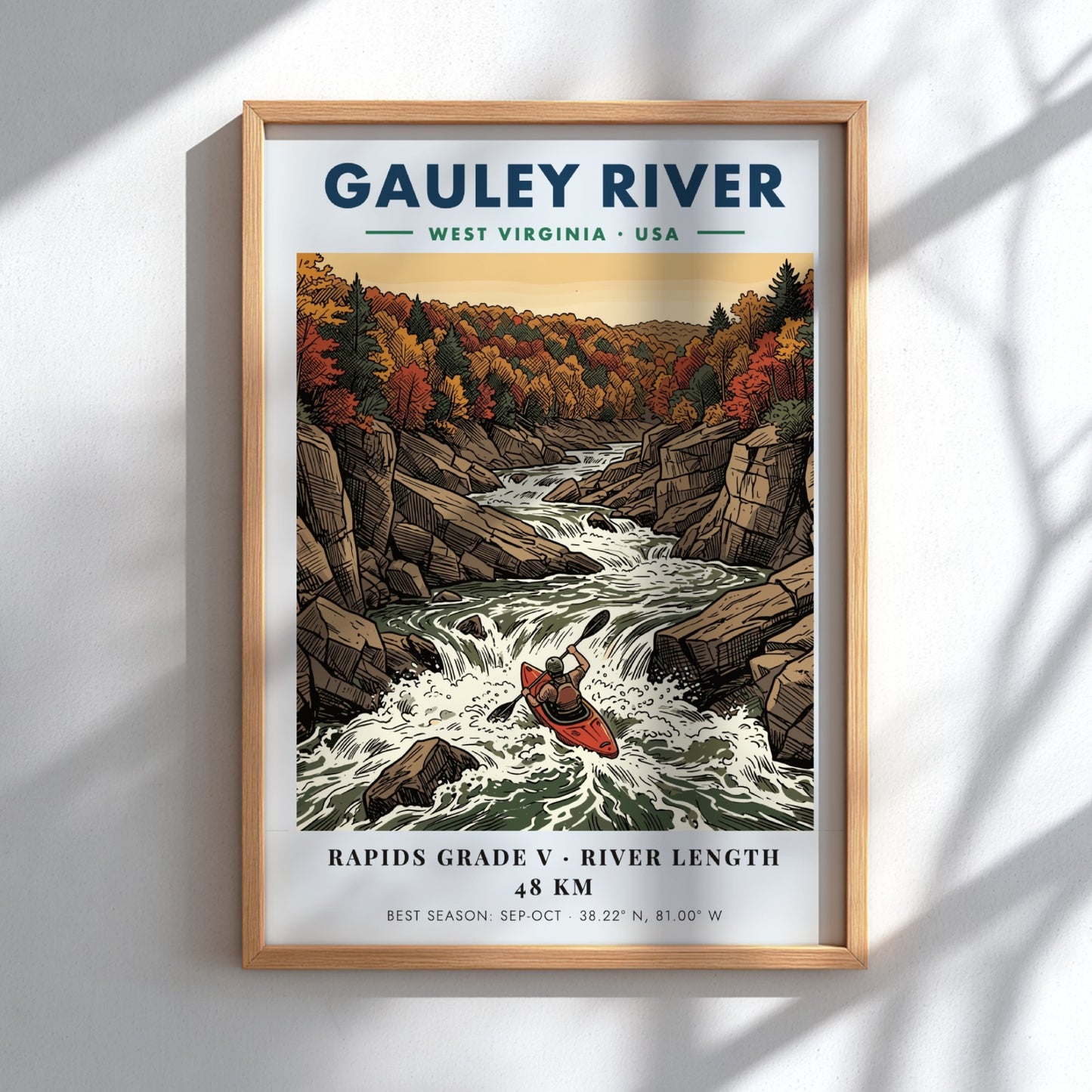 Poster of a kayaker navigating the Gauley River rapids surrounded by autumn forest cliffs.