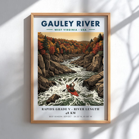 Poster of a kayaker navigating the Gauley River rapids surrounded by autumn forest cliffs.