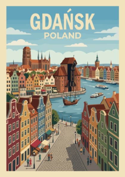 Poster of Gdańsk Poland featuring historic gabled buildings, a medieval crane, and boats.