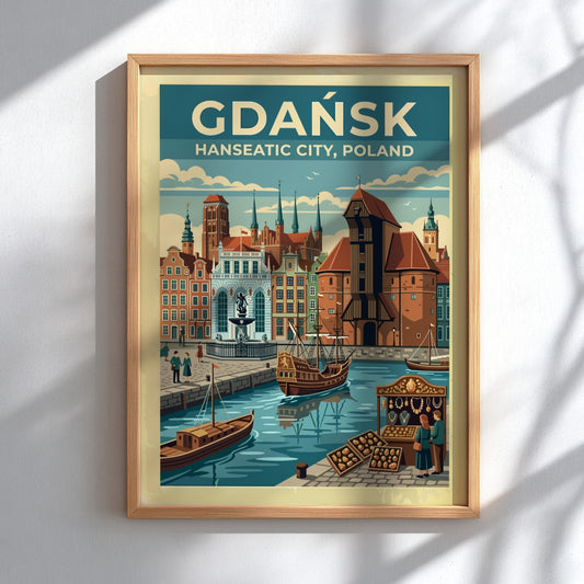 Travel poster of Gdańsk Hanseatic City featuring historic buildings and boats on water
