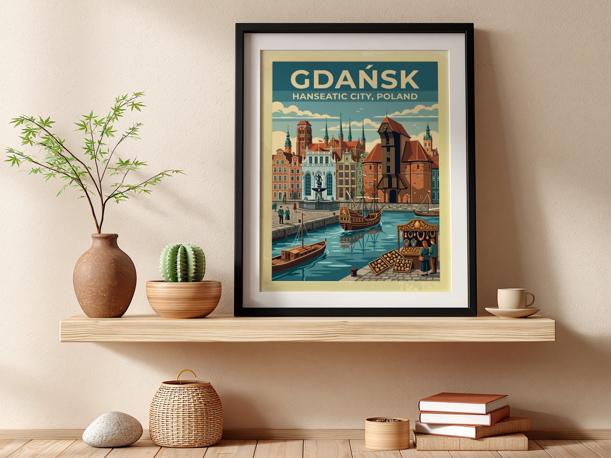 Travel poster of Gdańsk Hanseatic City featuring historic buildings and boats on water
