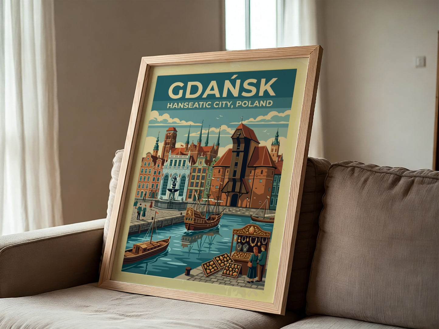 Travel poster of Gdańsk Hanseatic City featuring historic buildings and boats on water