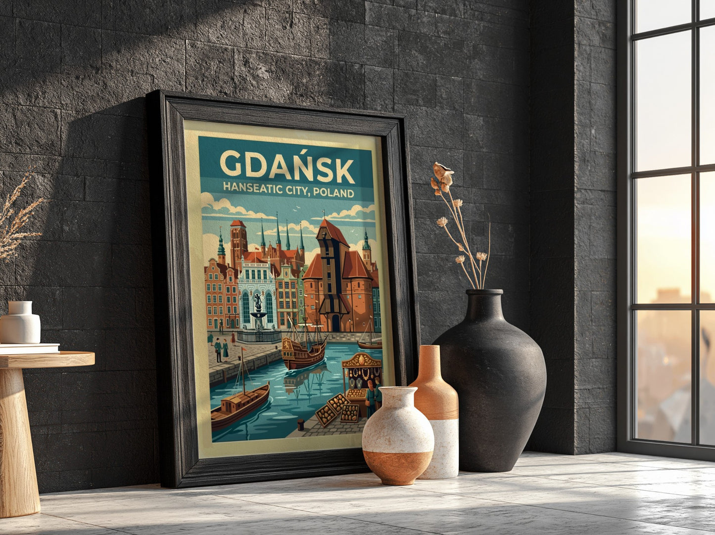 Travel poster of Gdańsk Hanseatic City featuring historic buildings and boats on water