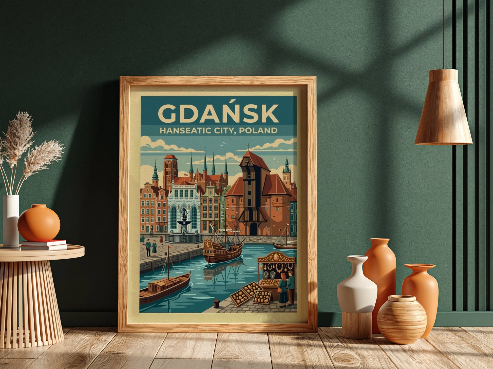 Travel poster of Gdańsk Hanseatic City featuring historic buildings and boats on water