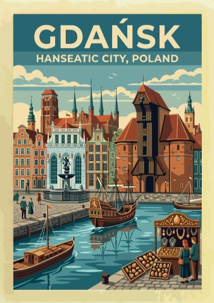 Travel poster of Gdańsk Hanseatic City featuring historic buildings and boats on water