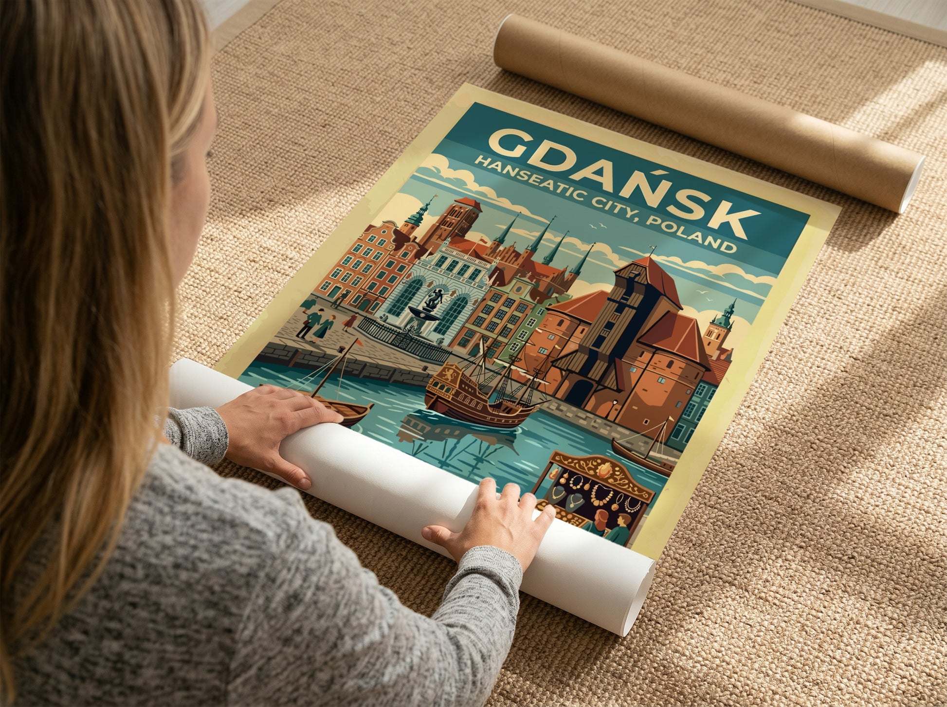 Travel poster of Gdańsk Hanseatic City featuring historic buildings and boats on water