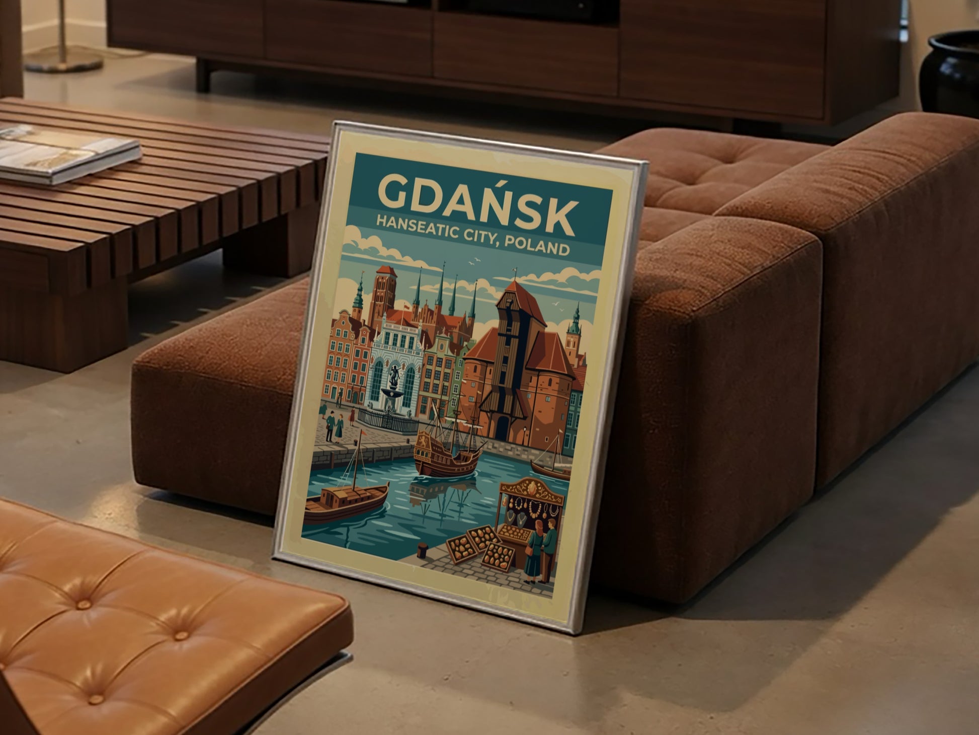 Travel poster of Gdańsk Hanseatic City featuring historic buildings and boats on water
