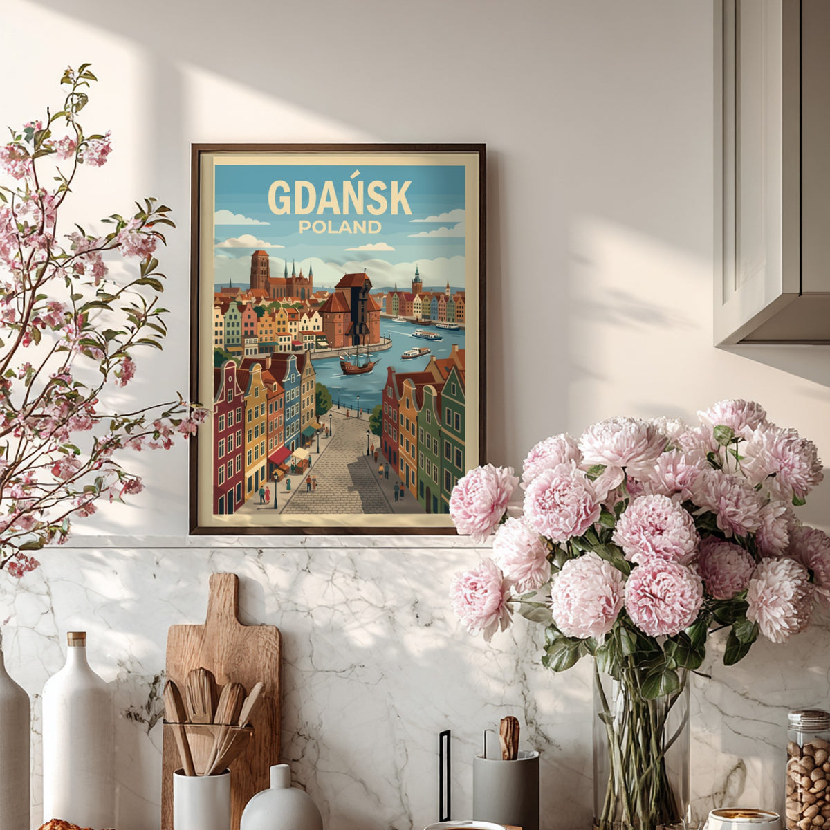 Poster of Gdańsk Poland featuring historic gabled buildings, a medieval crane, and boats.