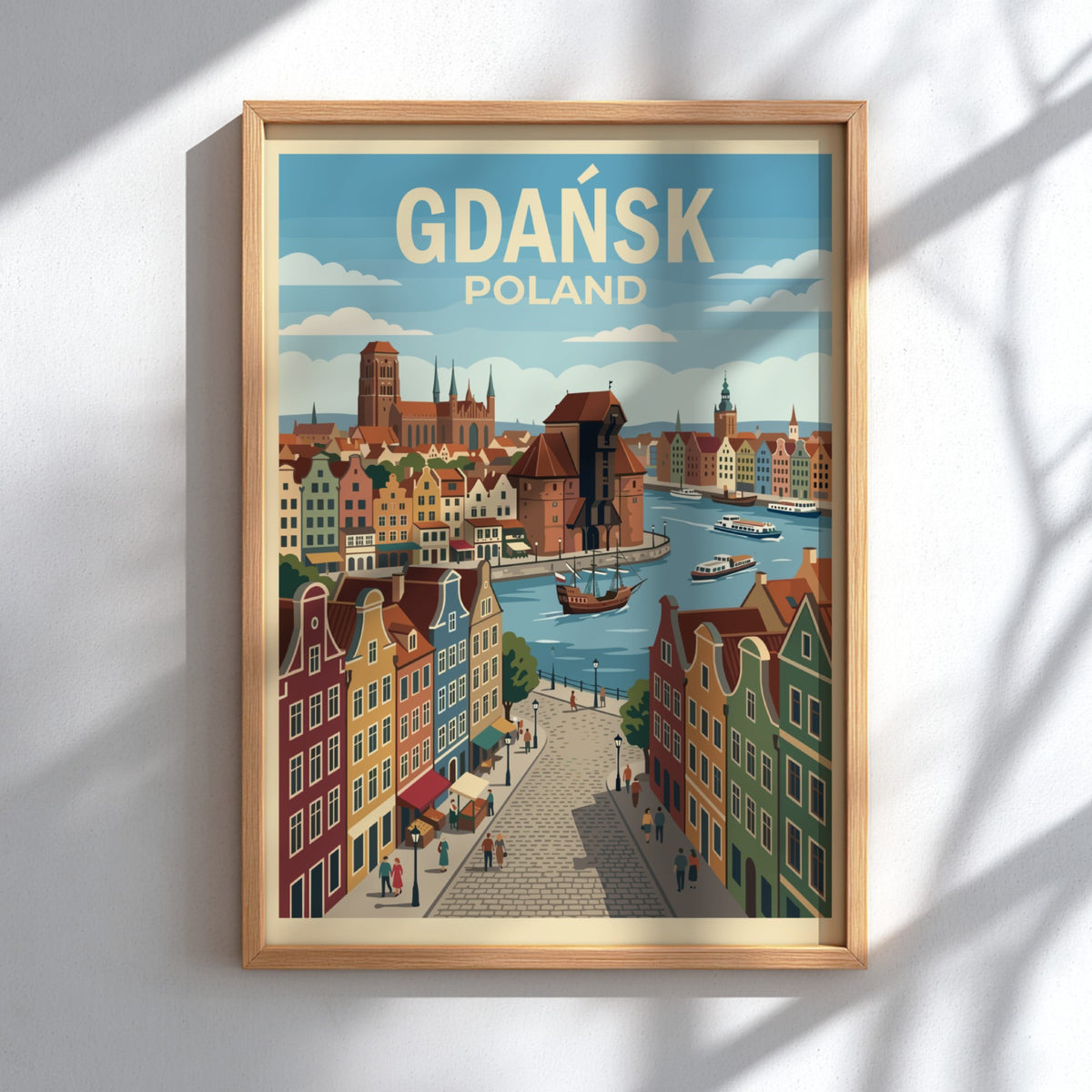 Poster of Gdańsk Poland featuring historic gabled buildings, a medieval crane, and boats.