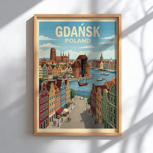 Poster of Gdańsk Poland featuring historic gabled buildings, a medieval crane, and boats.