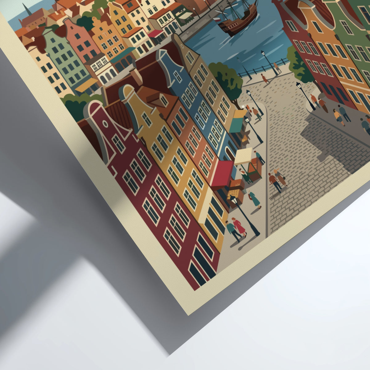 Poster of Gdańsk Poland featuring historic gabled buildings, a medieval crane, and boats.
