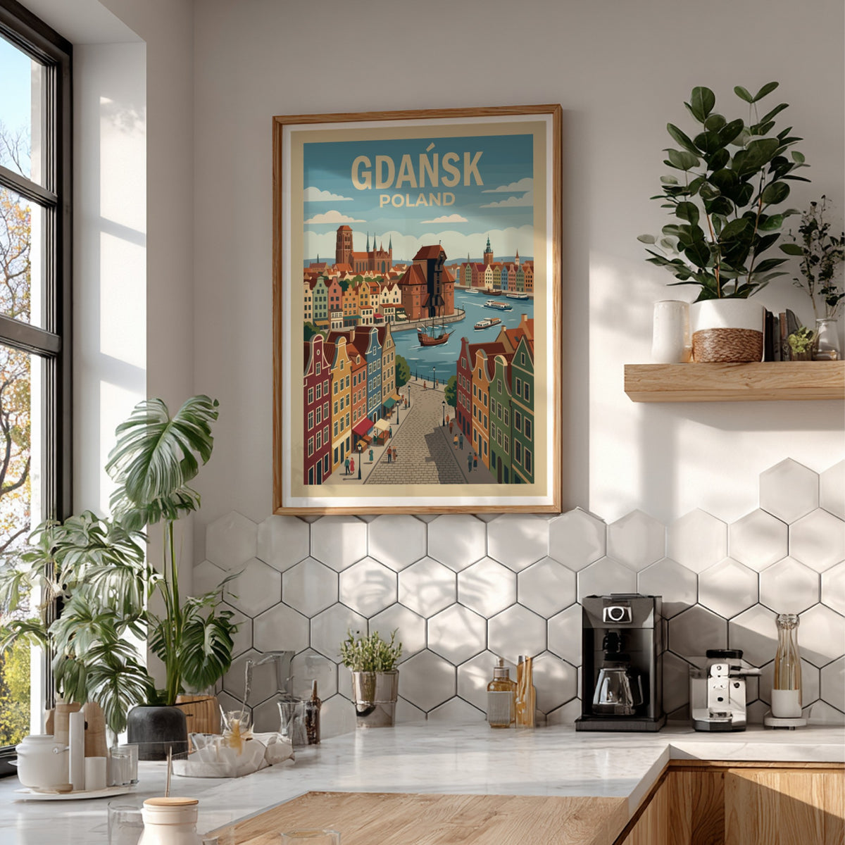 Poster of Gdańsk Poland featuring historic gabled buildings, a medieval crane, and boats.