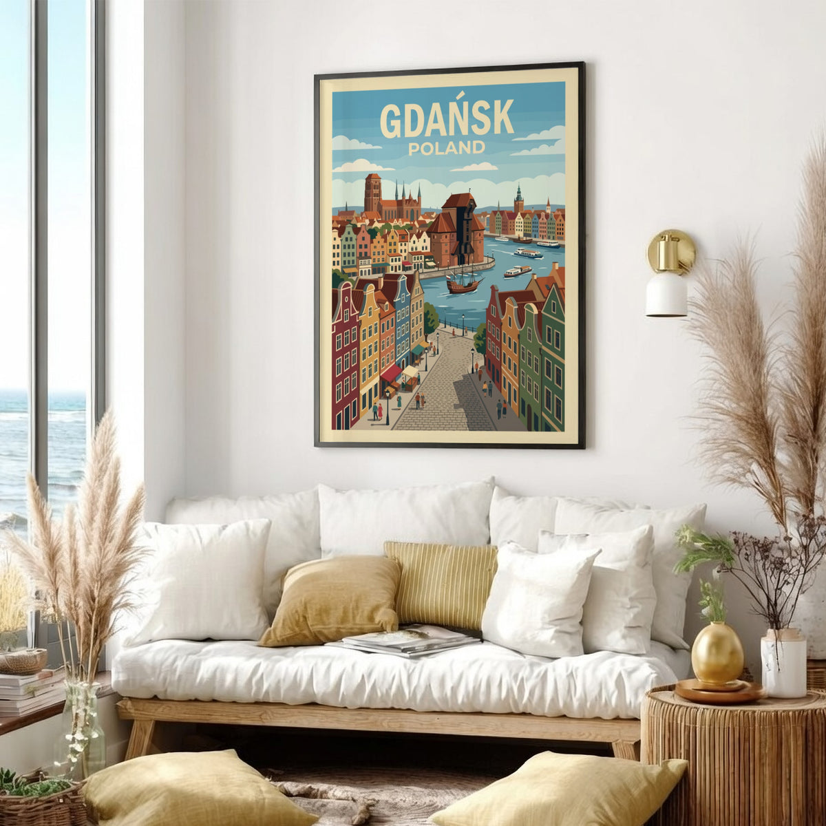 Poster of Gdańsk Poland featuring historic gabled buildings, a medieval crane, and boats.