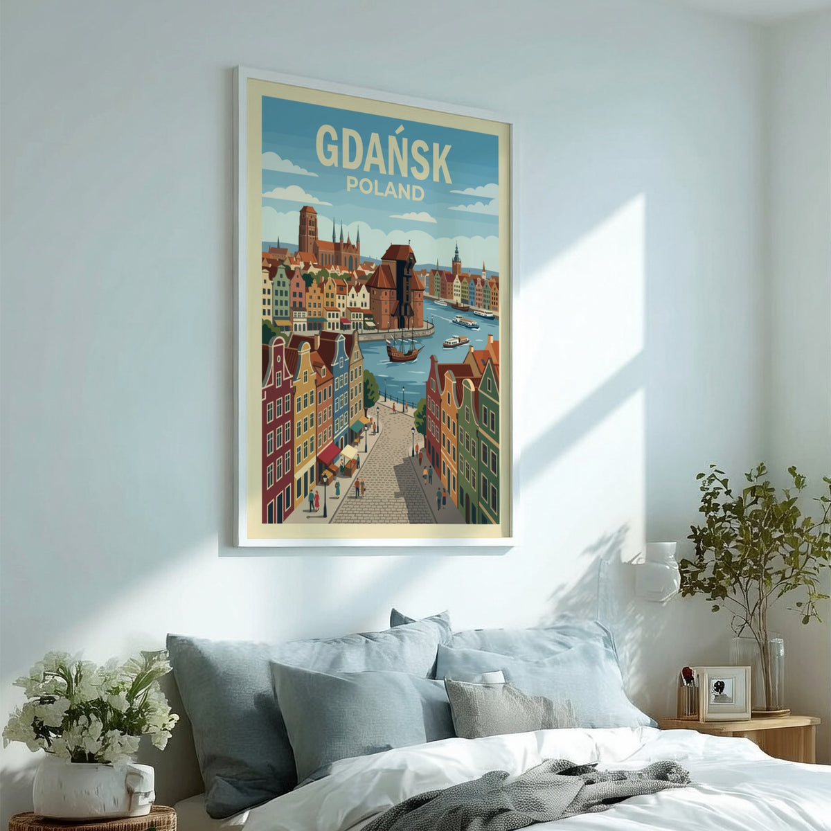 Poster of Gdańsk Poland featuring historic gabled buildings, a medieval crane, and boats.