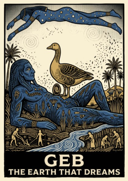 Poster featuring the Egyptian god Geb in blue and gold with a goose.