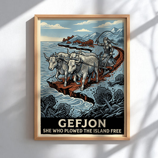 Poster of Gefjon plowing an island with oxen in a rustic woodcut style
