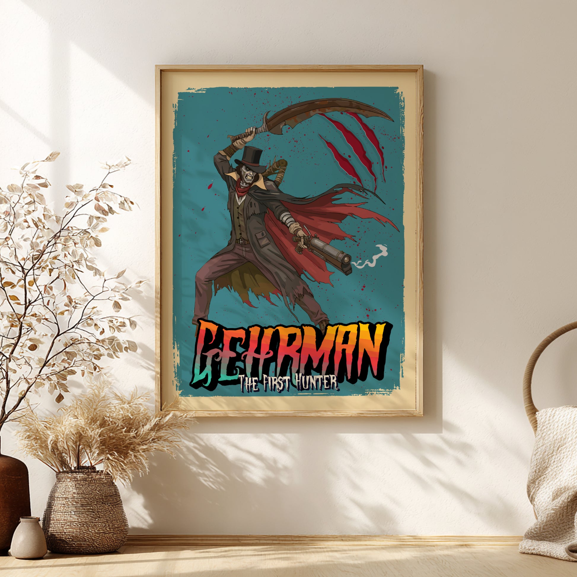 Framed artwork of Gehrman from Bloodborne on a blue background, in a room with decorative elements.