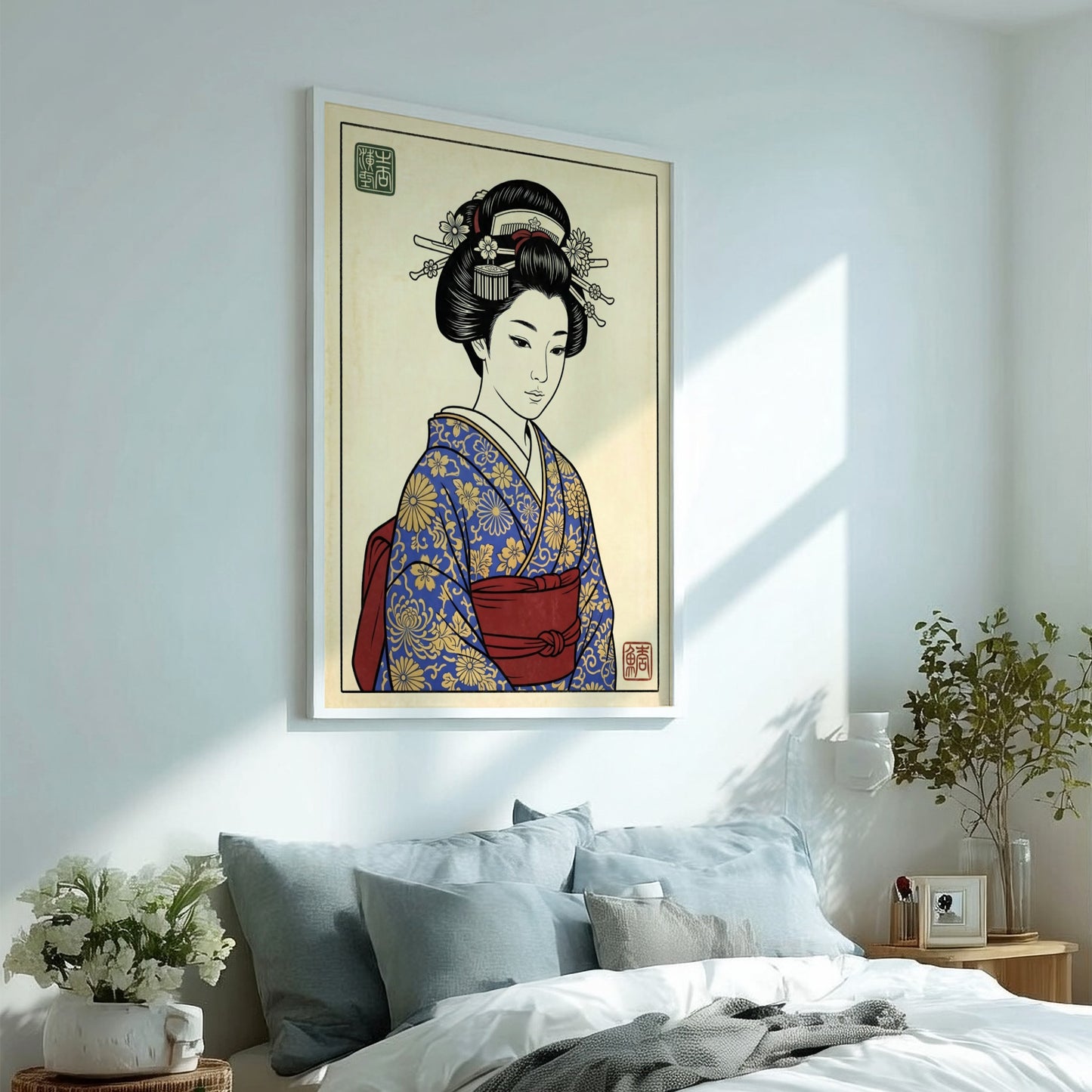 Japanese art style poster featuring a geisha in a blue kimono with floral patterns