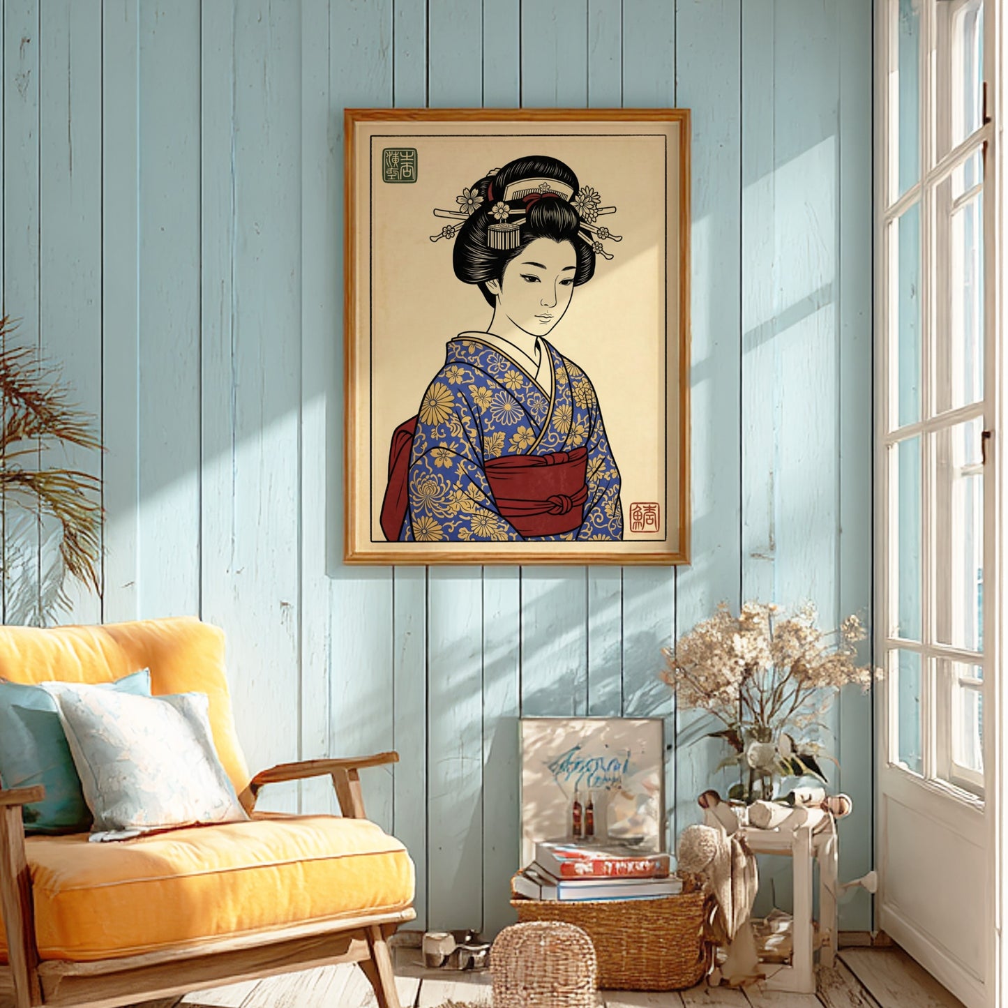 Japanese art style poster featuring a geisha in a blue kimono with floral patterns