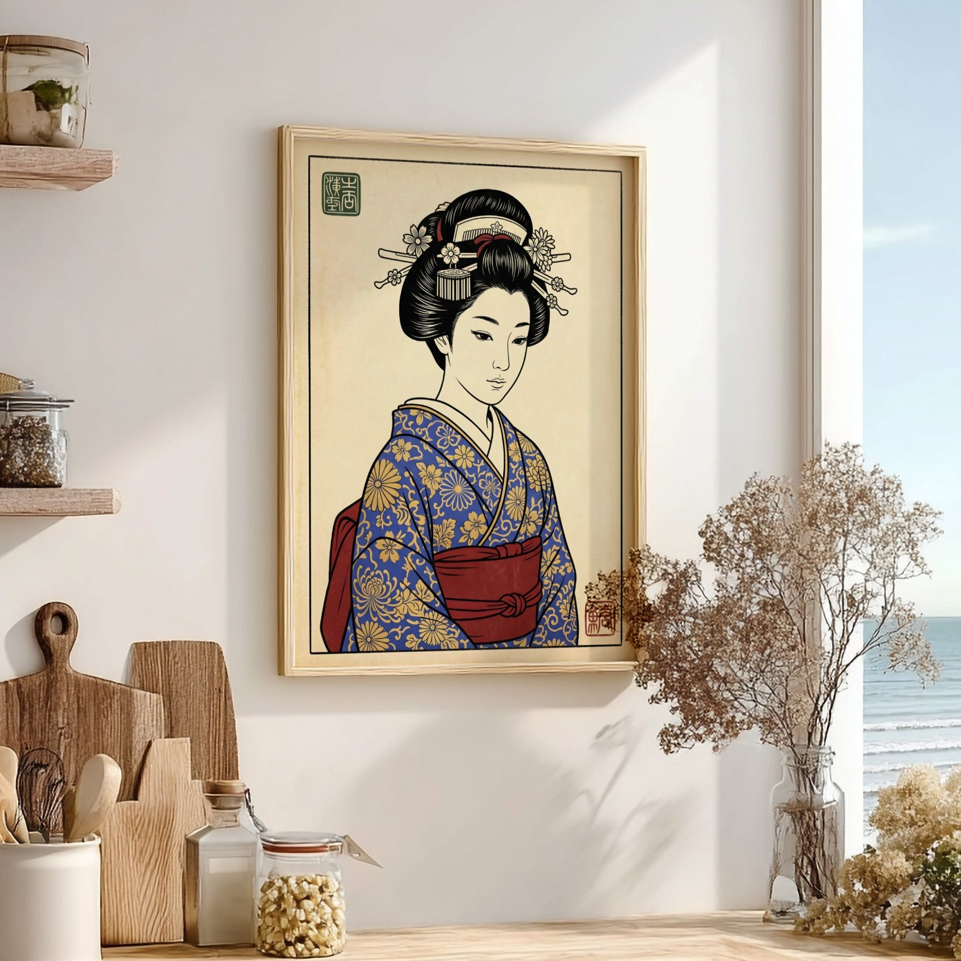 Japanese art style poster featuring a geisha in a blue kimono with floral patterns