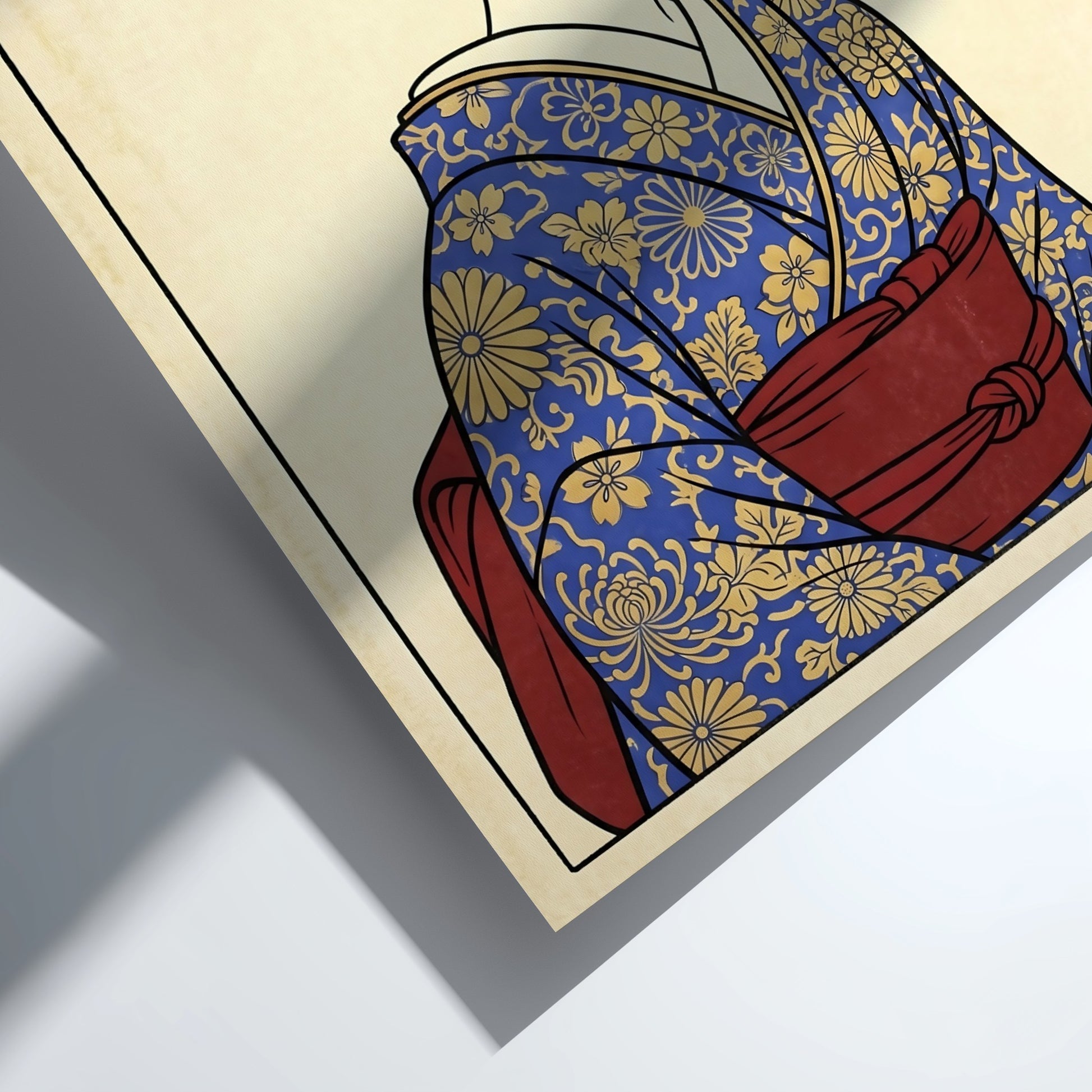 Japanese art style poster featuring a geisha in a blue kimono with floral patterns