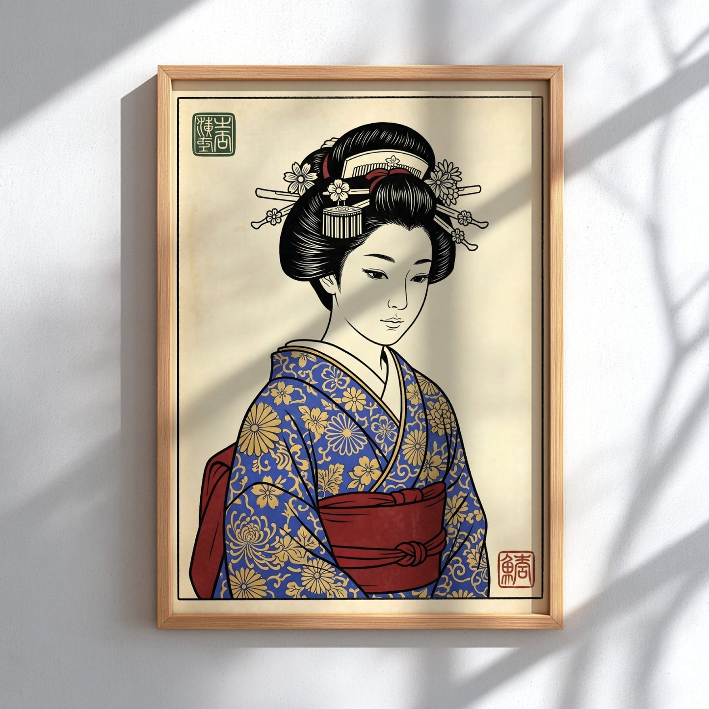 Japanese art style poster featuring a geisha in a blue kimono with floral patterns