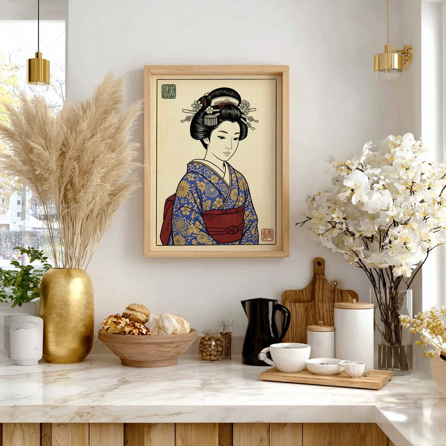 Japanese art style poster featuring a geisha in a blue kimono with floral patterns