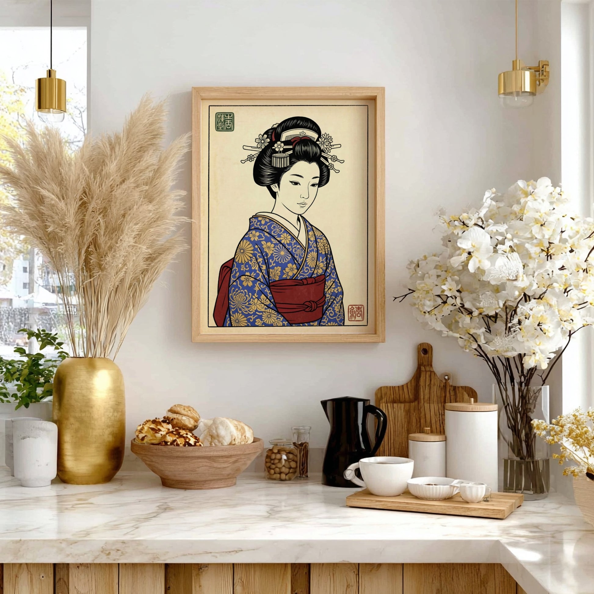Japanese art style poster featuring a geisha in a blue kimono with floral patterns