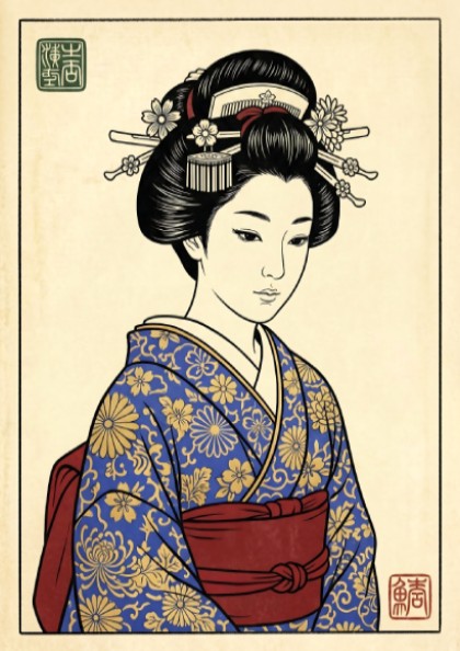 Japanese art style poster featuring a geisha in a blue kimono with floral patterns