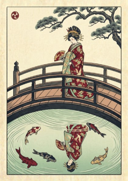 Geisha on a bridge poster featuring vibrant colors and koi fish in a Japanese art style
