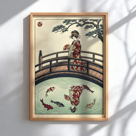 Geisha on a bridge poster featuring vibrant colors and koi fish in a Japanese art style