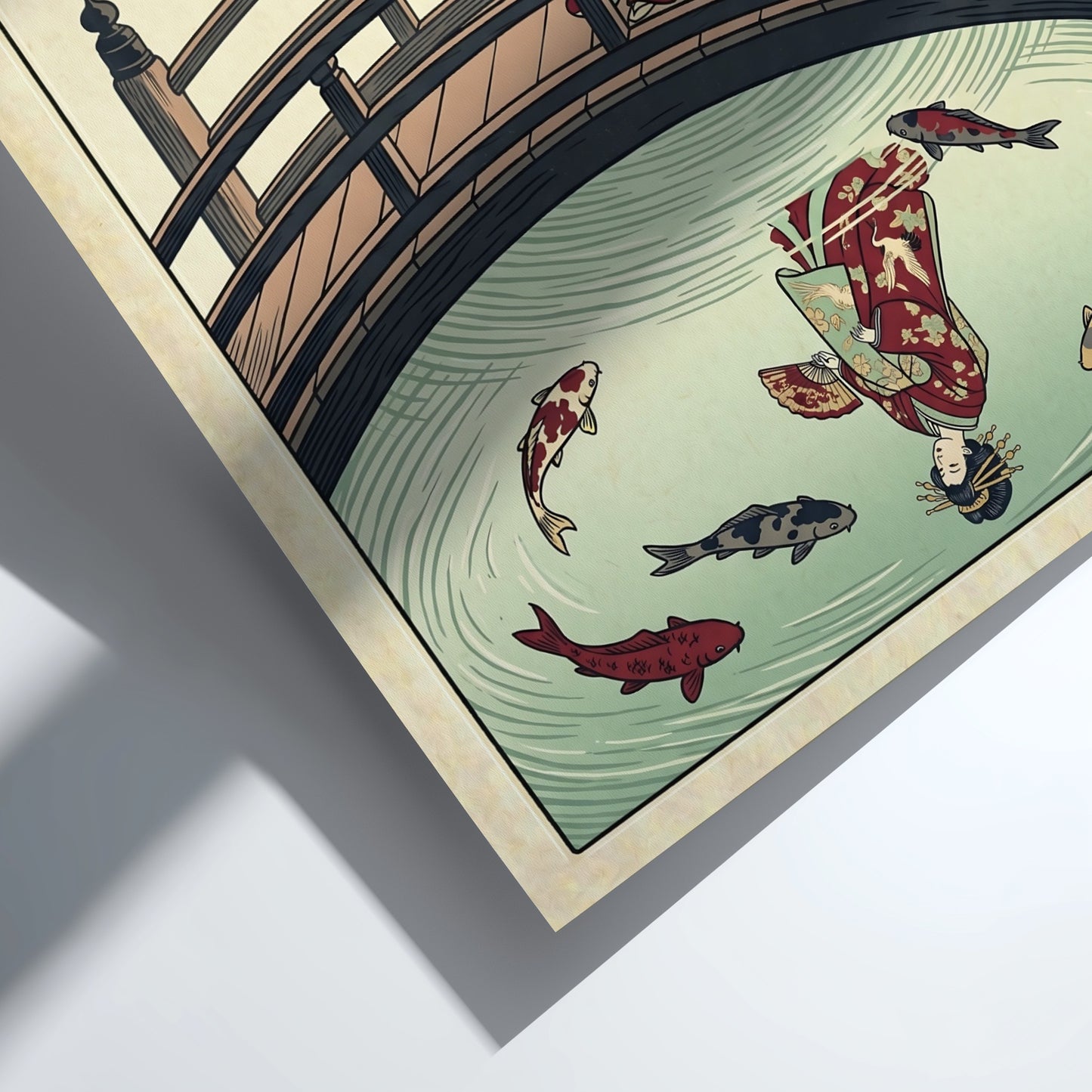 Geisha on a bridge poster featuring vibrant colors and koi fish in a Japanese art style