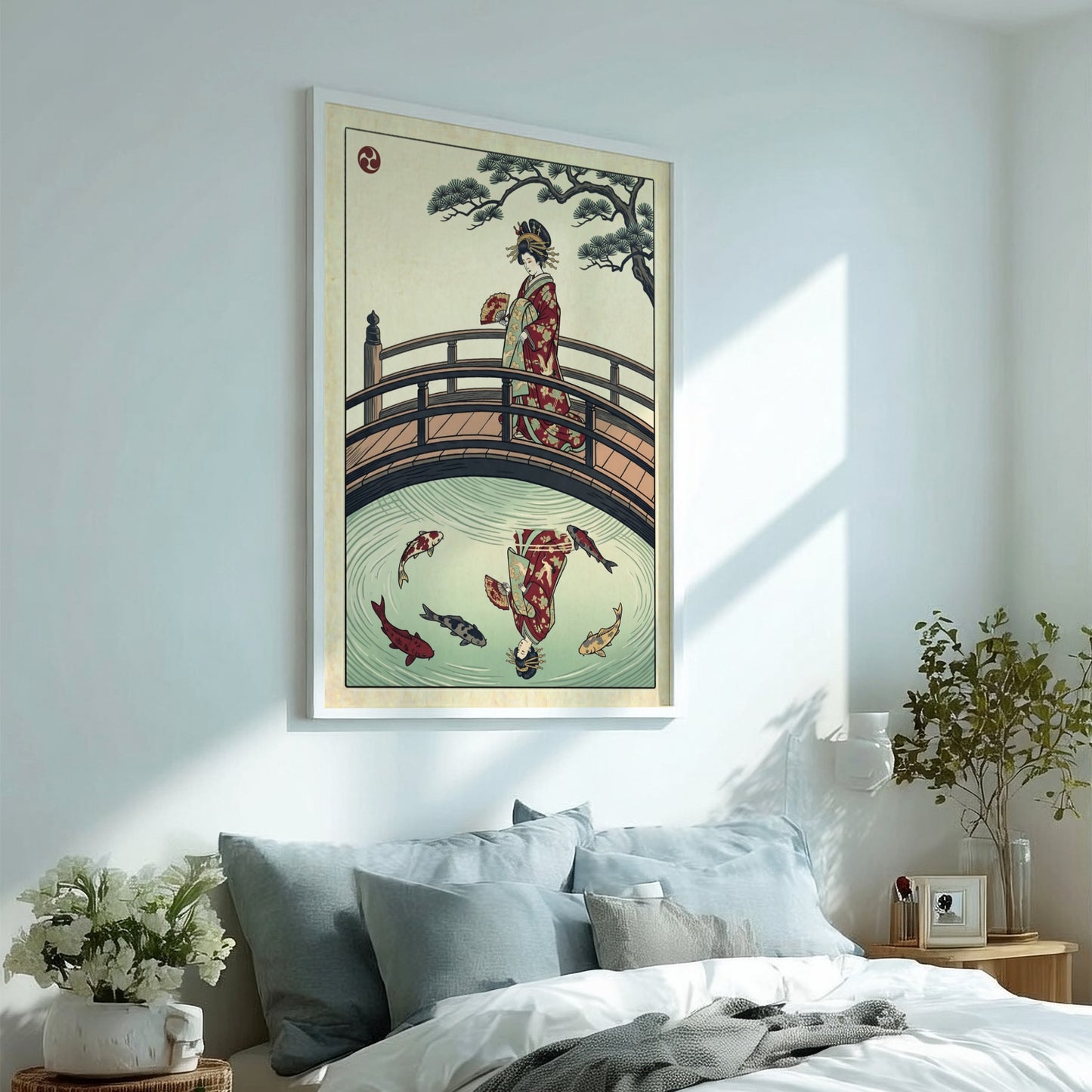 Geisha on a bridge poster featuring vibrant colors and koi fish in a Japanese art style
