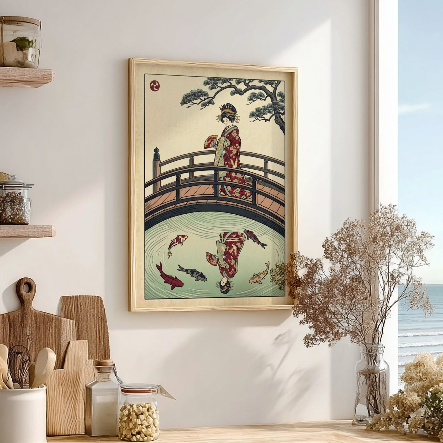 Geisha on a bridge poster featuring vibrant colors and koi fish in a Japanese art style