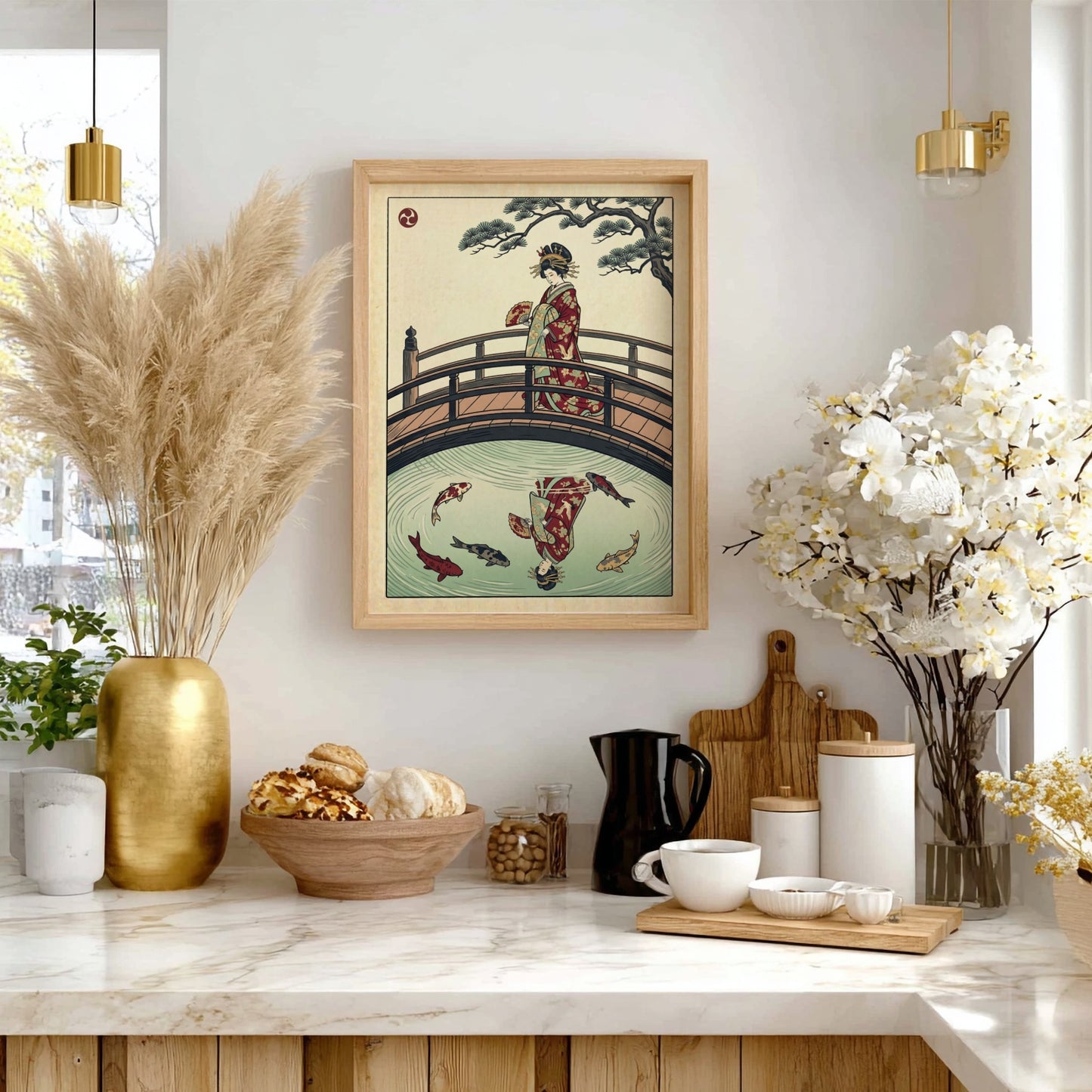 Geisha on a bridge poster featuring vibrant colors and koi fish in a Japanese art style