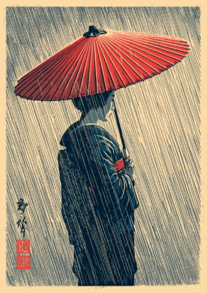 Japanese art style poster of a geisha holding a red umbrella in the rain, featuring muted colors and elegant