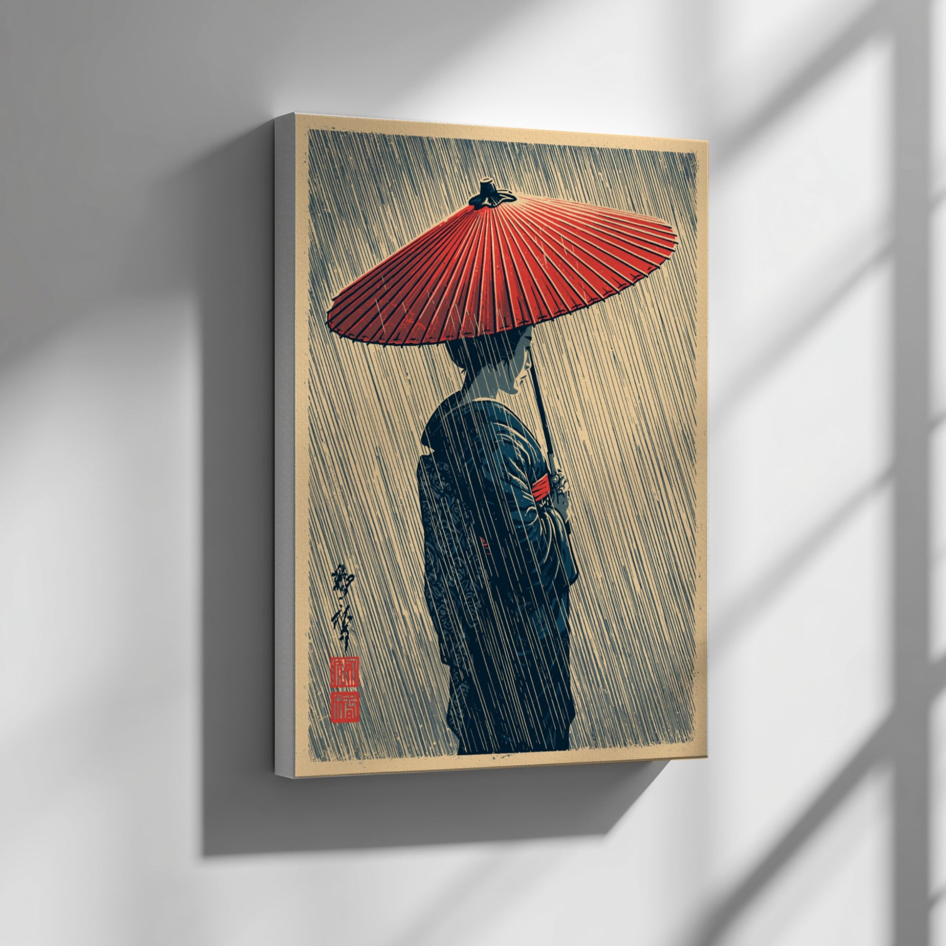 Japanese art style poster of a geisha holding a red umbrella in the rain, featuring muted colors and elegant