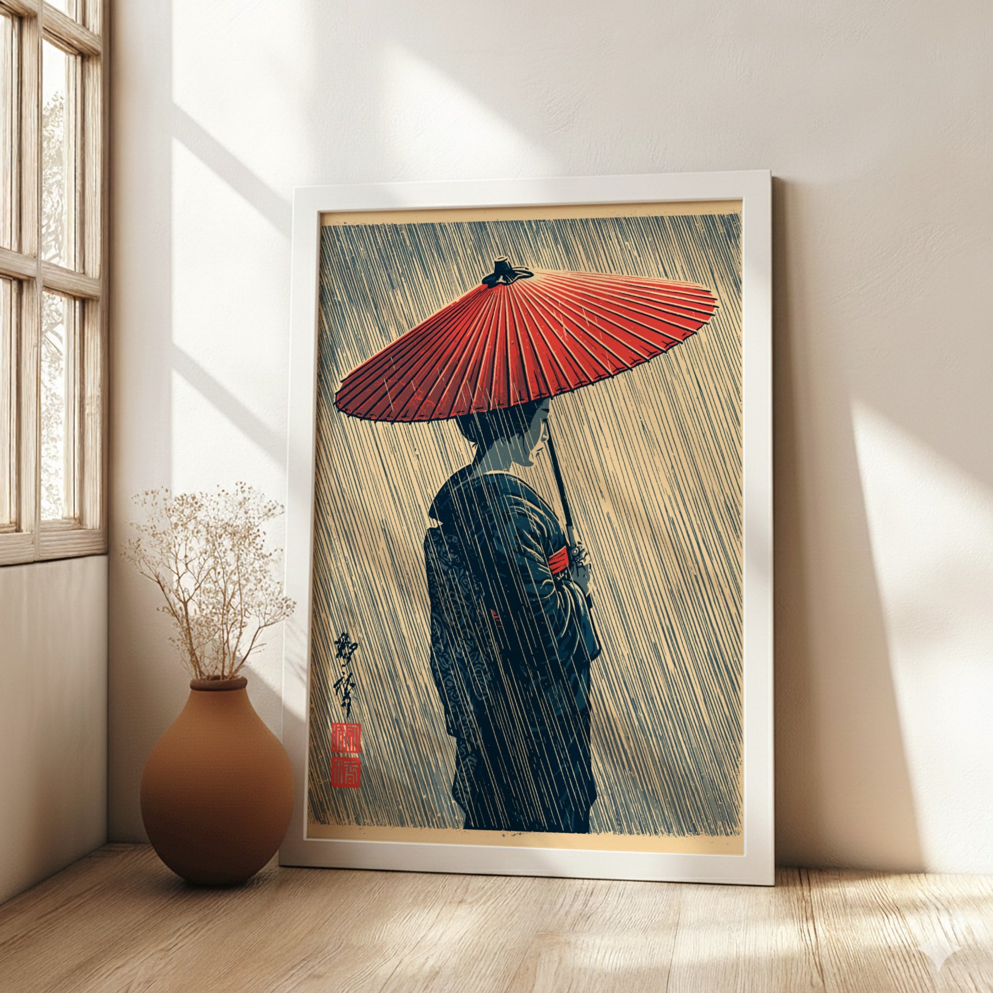 Japanese art style poster of a geisha holding a red umbrella in the rain, featuring muted colors and elegant