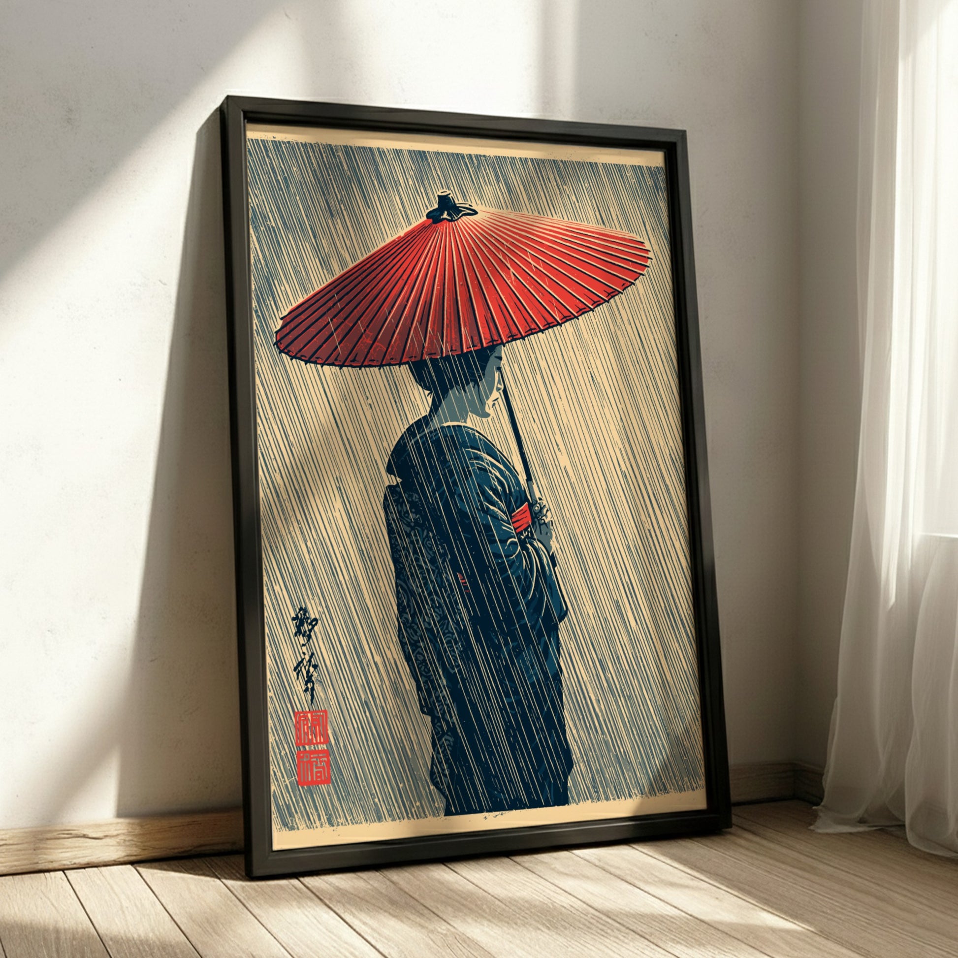 Japanese art style poster of a geisha holding a red umbrella in the rain, featuring muted colors and elegant