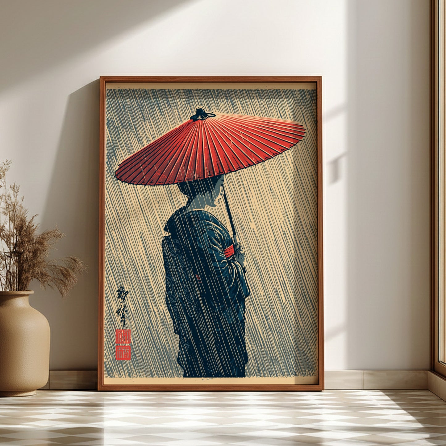 Japanese art style poster of a geisha holding a red umbrella in the rain, featuring muted colors and elegant