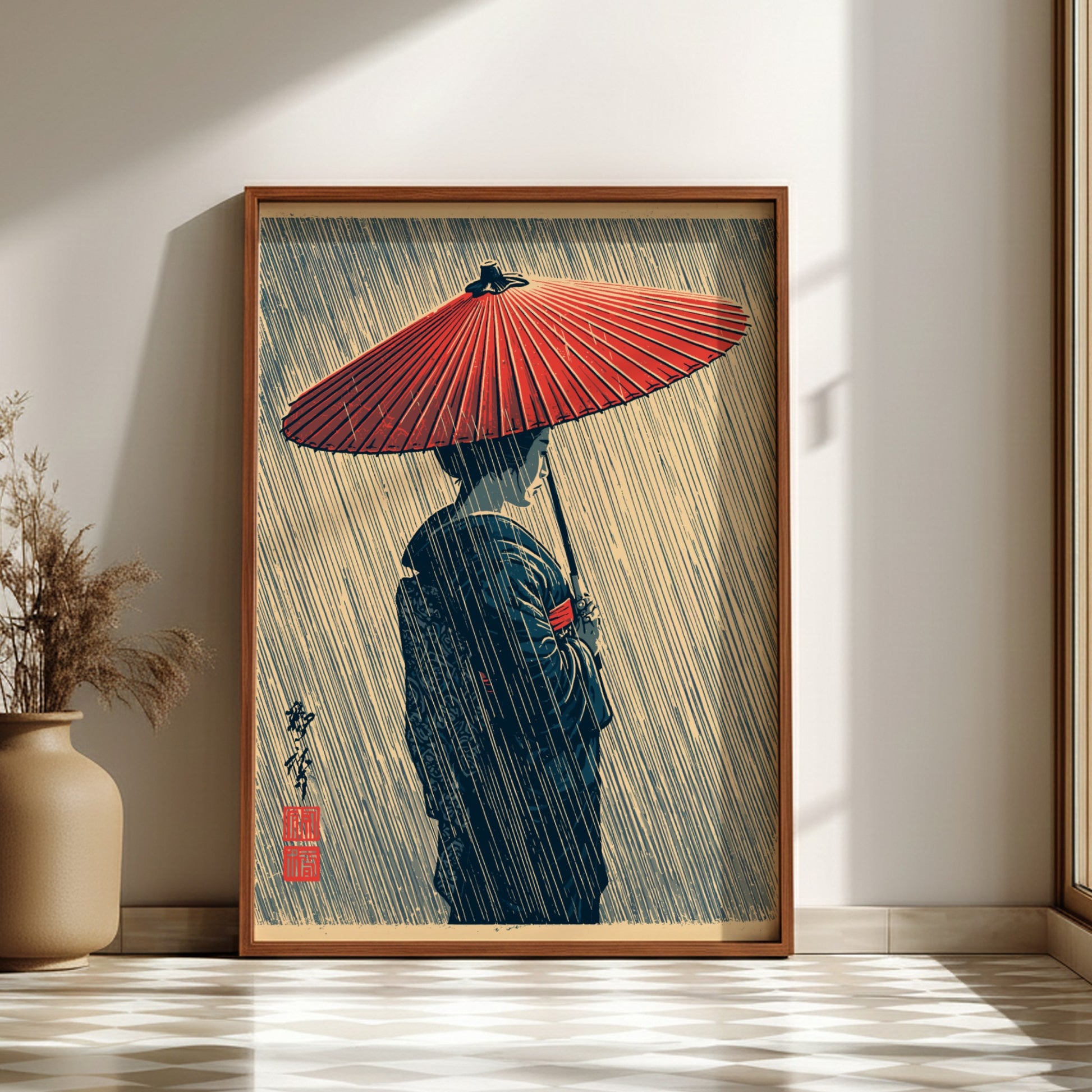 Japanese art style poster of a geisha holding a red umbrella in the rain, featuring muted colors and elegant